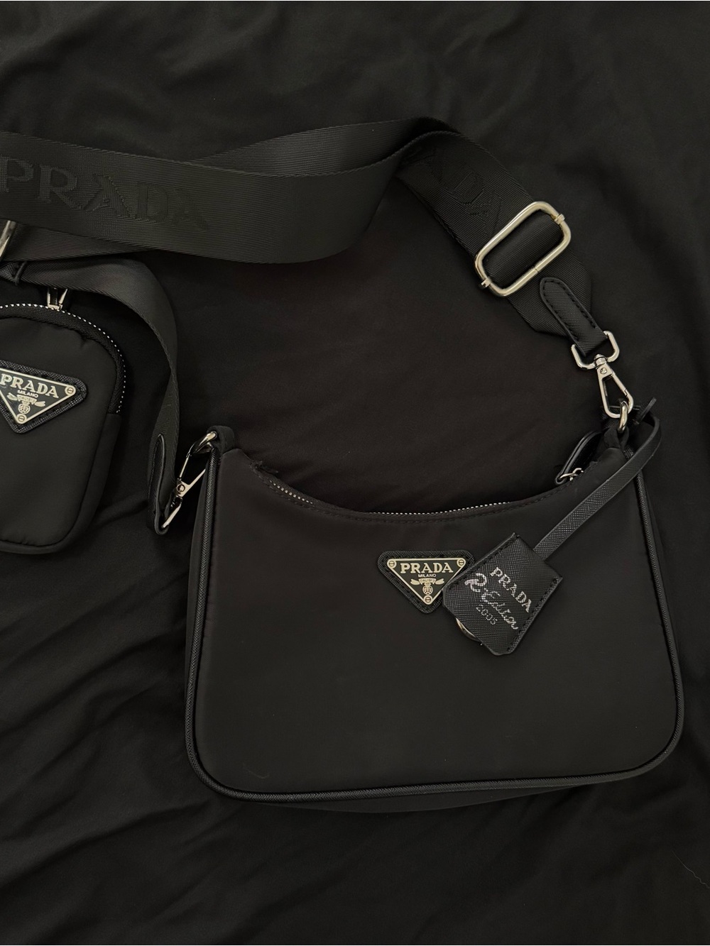 Prada Black Nylon Crossbody with Logo Tag and Wide Strap